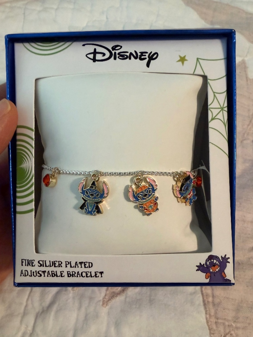 NWT - Disney Stitch Halloween Fine Silver Plated Adjustable Charm Bracelet